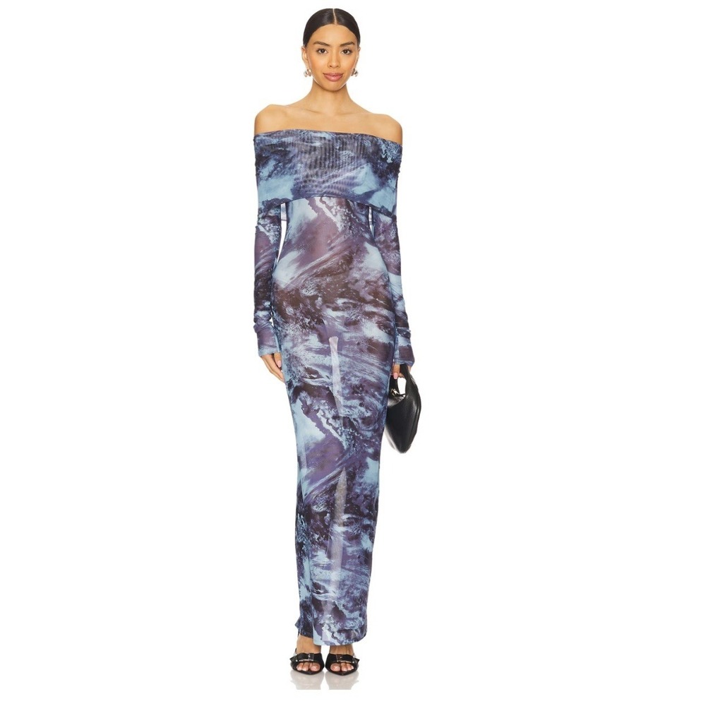 Superdown Karasi Mesh Long Sleeve Maxi Dress SzXL Abstract Artsy Wedding Guest